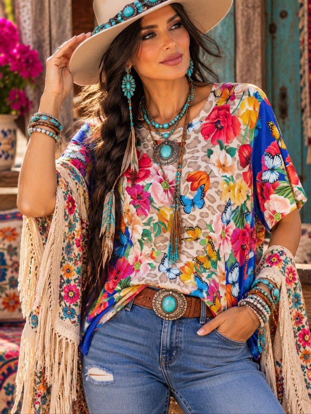 Johnny Was Medium Floral Butterfly Leopard Bamboo Top Boho Stretch Blouse